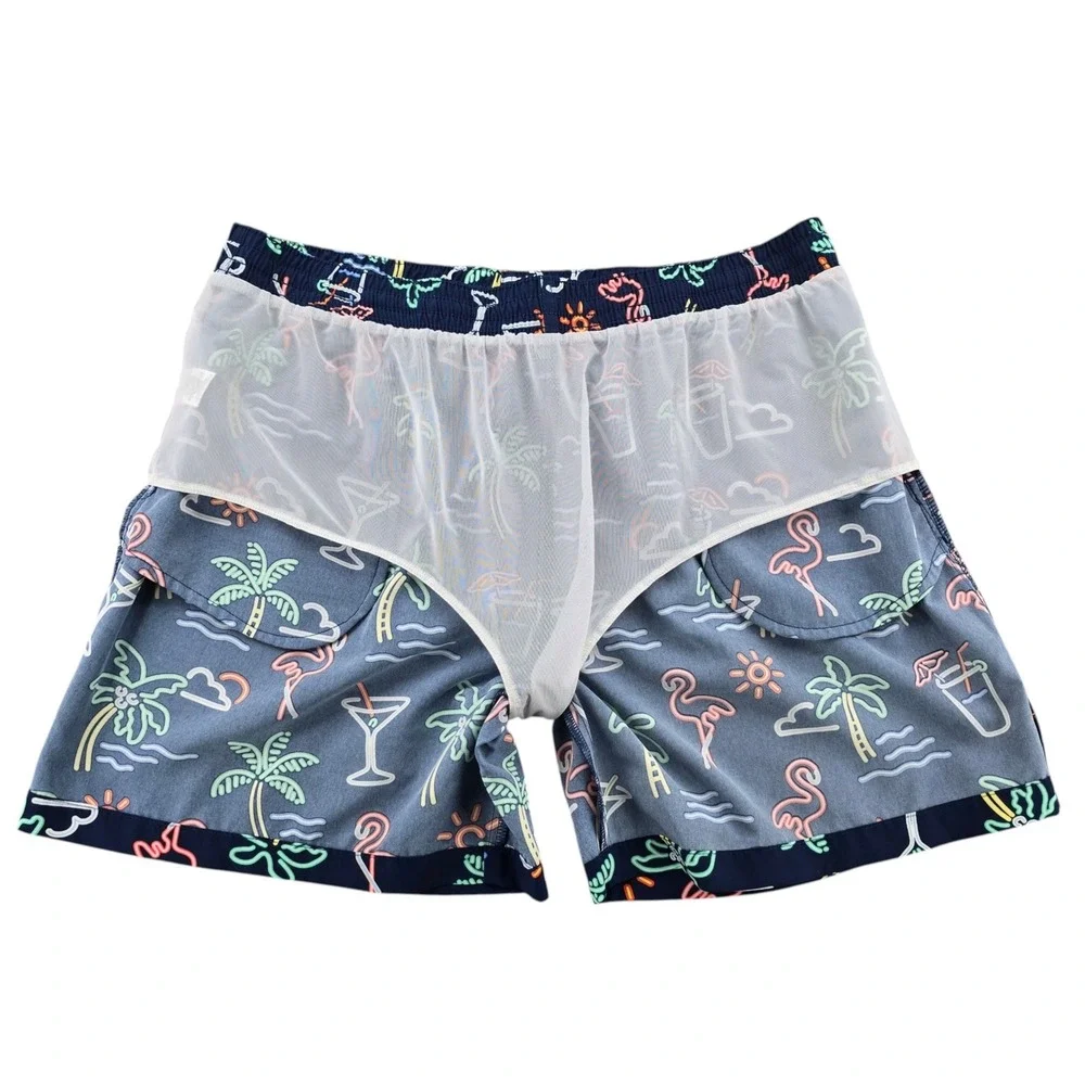 Chubbies Mens Swim Trunks XXL Navy Blue Neon Flamingo Palm Tree 5.5 Inseam Mesh